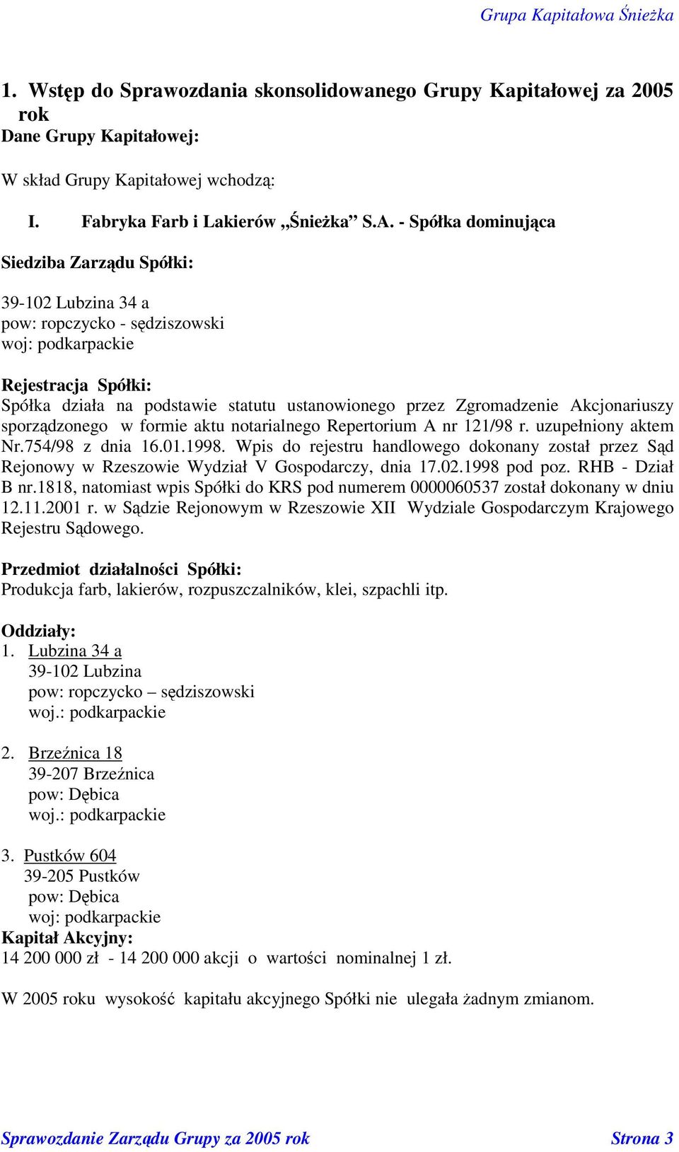 Akcjonariuszy sporzdzonego w formie aktu notarialnego Repertorium A nr 121/98 r. uzupełniony aktem Nr.754/98 z dnia 16.01.1998.