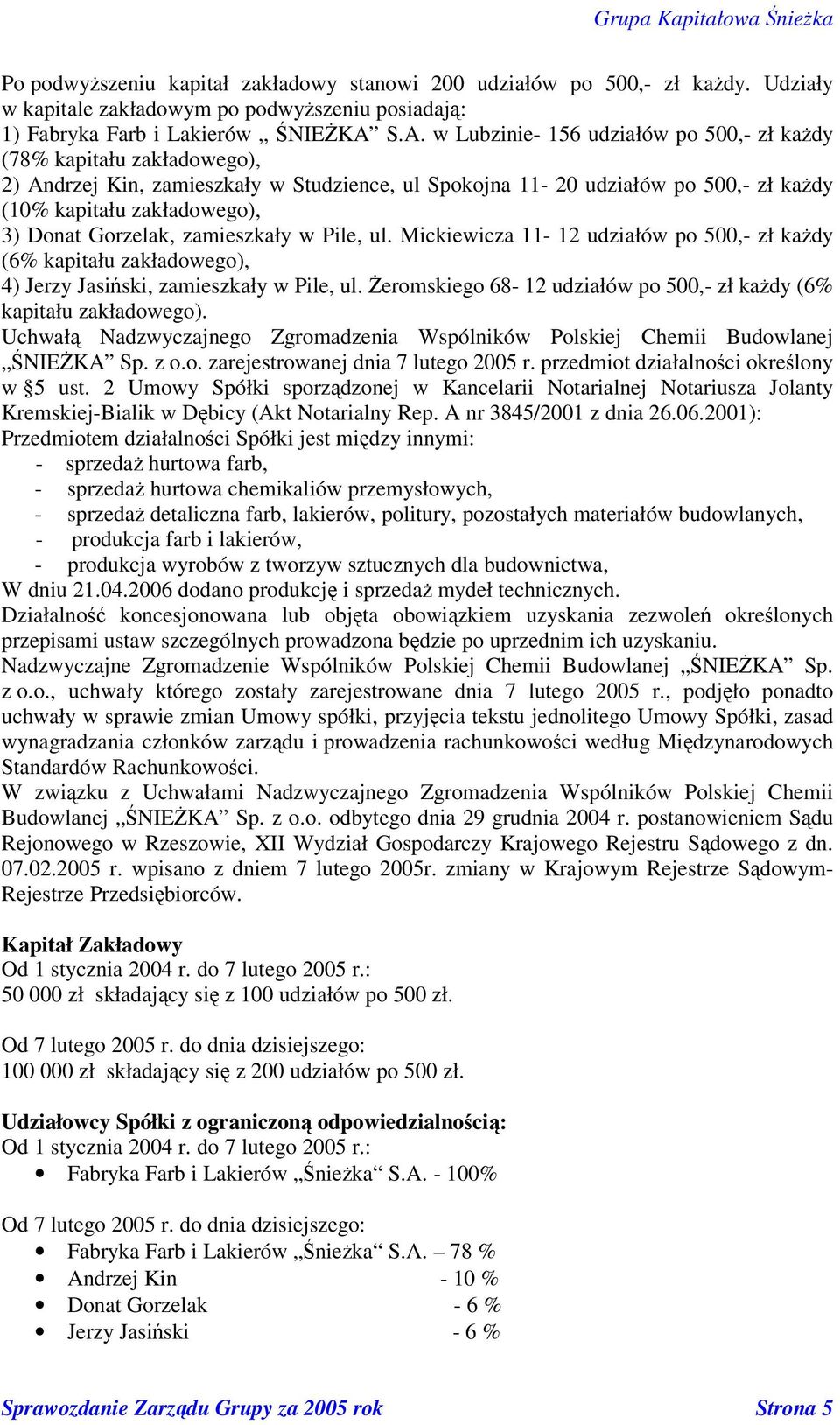 Gorzelak, zamieszkały w Pile, ul. Mickiewicza 11-12 udziałów po 500,- zł kady (6% kapitału zakładowego), 4) Jerzy Jasiski, zamieszkały w Pile, ul.