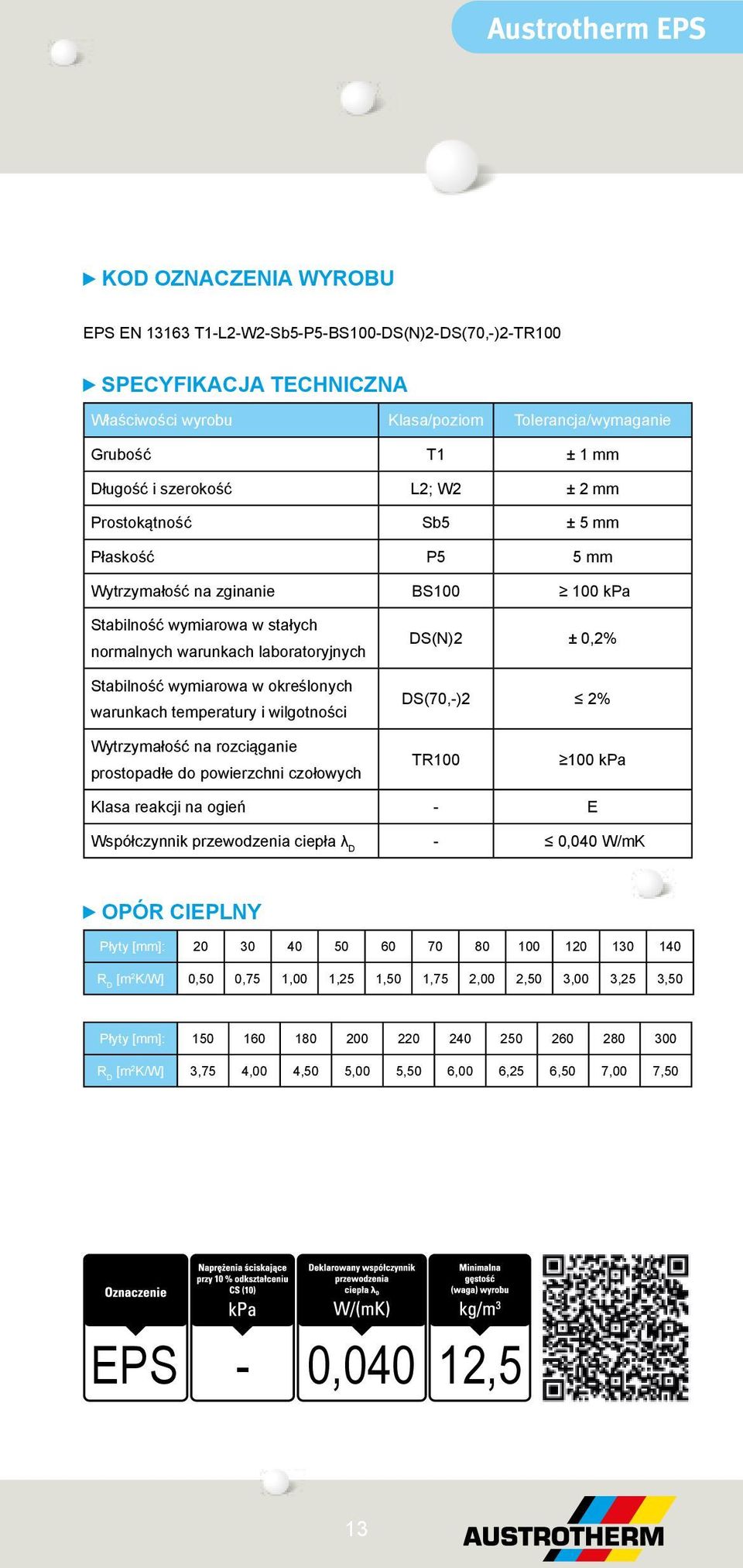 określonych warunkach temperatury i wilgotności DS(N)2 ± 0,2% DS(70,-)2 2% Wytrzymałość na rozciąganie prostopadłe do powierzchni czołowych TR100 100 kpa Klasa reakcji na ogień - E - 0,040 W/mK OPÓR