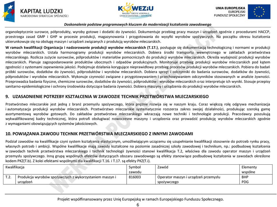 Na początku okresu kształcenia ukierunkowuje się na obsługę maszyn i urządzeń związanych z produkcją wyrobów mleczarskich.