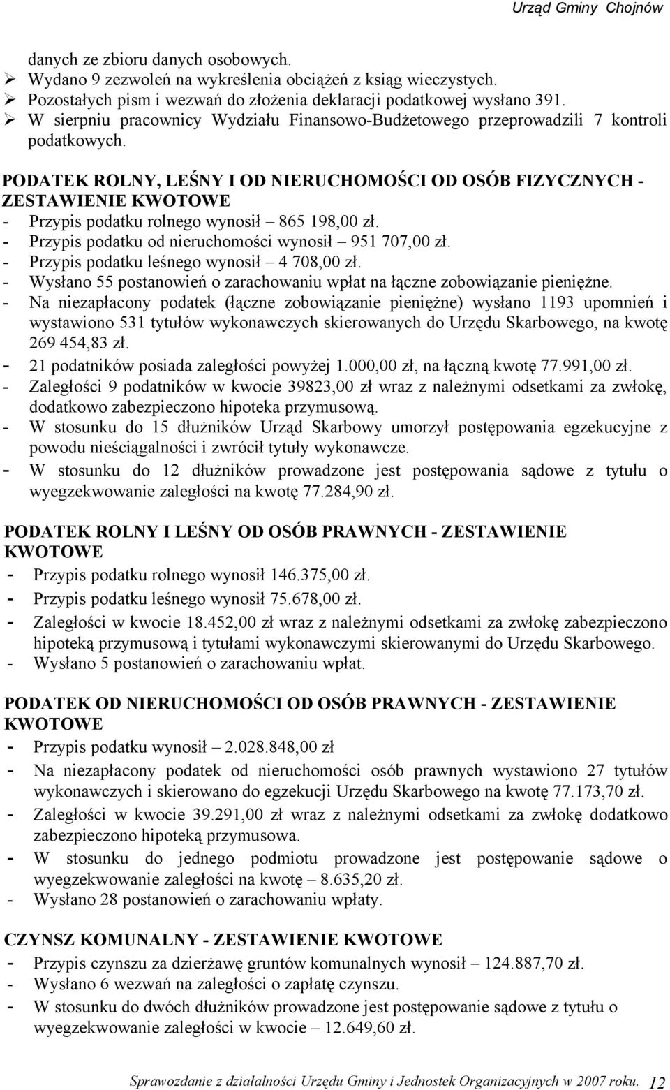 PODATEK ROLNY, LEŚNY I OD NIERUCHOMOŚCI OD OSÓB FIZYCZNYCH ZESTAWIENIE KWOTOWE - Przypis podatku rolnego wynosił 865 98,00 zł. - Przypis podatku od nieruchomości wynosił 95 707,00 zł.