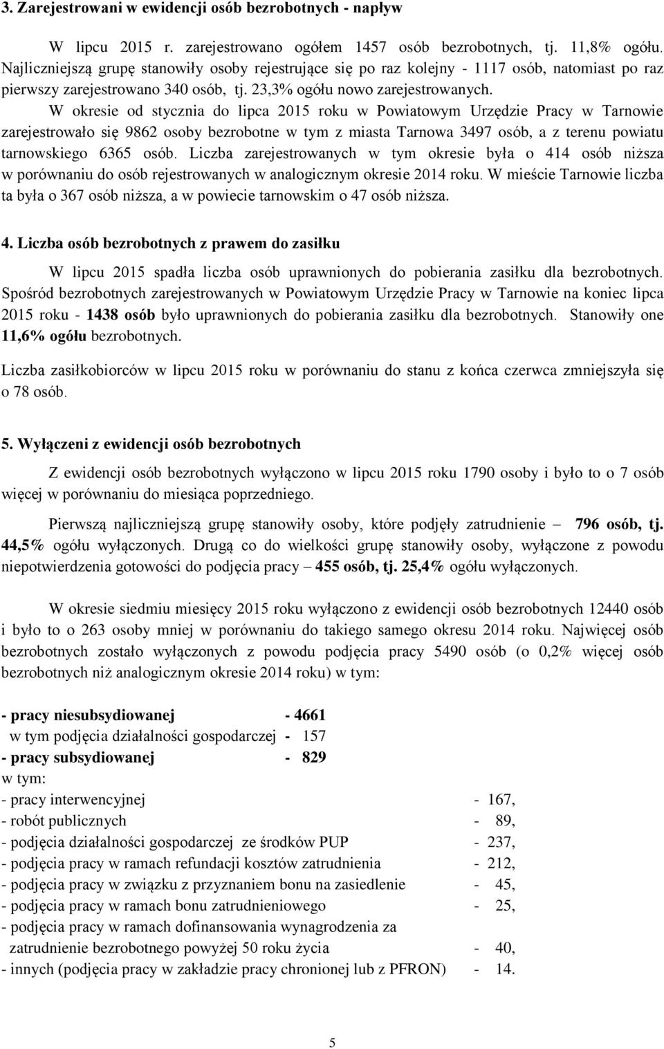 W okresie od stycznia do lipca 2015 roku w Powiatowym Urzędzie Pracy w Tarnowie zarejestrowało się 9862 osoby bezrobotne w tym z miasta Tarnowa 3497 osób, a z terenu u ego 6365 osób.