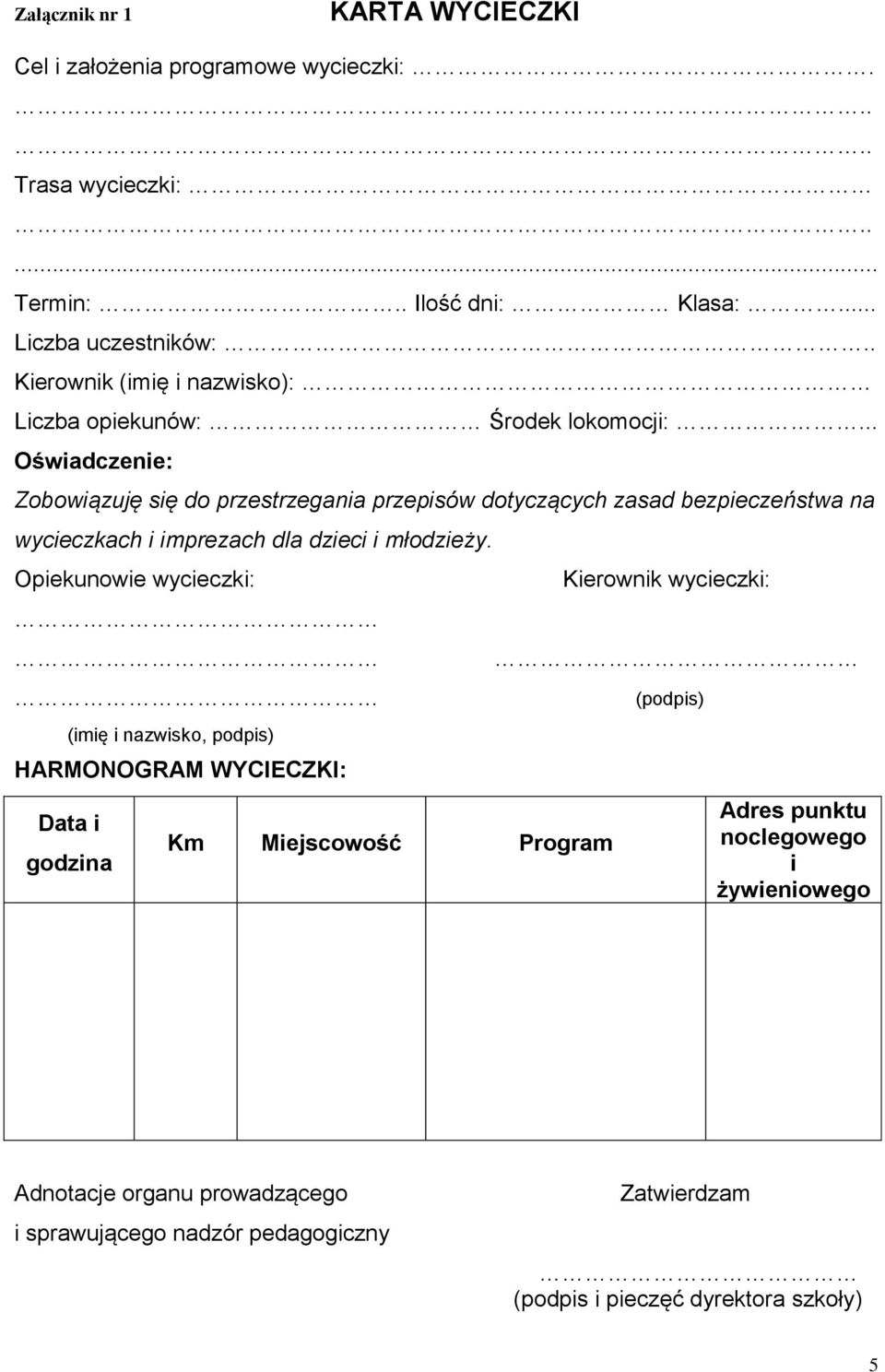 .. Oświadczenie: Zobowiązuję się do przestrzegania przepisów dotyczących zasad bezpieczeństwa na wycieczkach i imprezach dla dzieci i młodzieży.