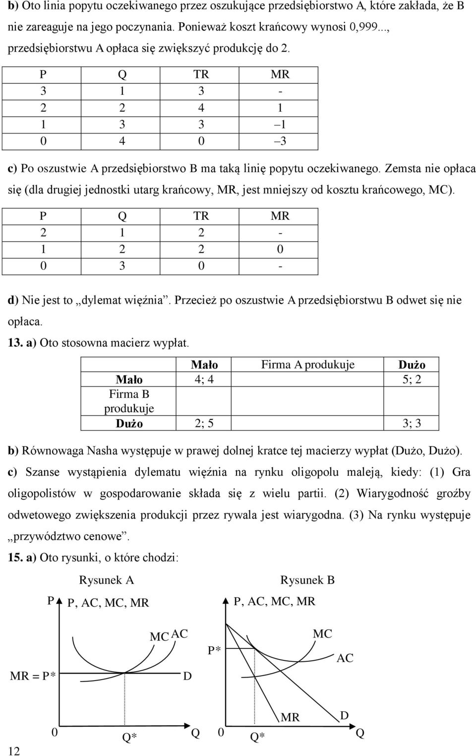 Zemsta nie opłaca się (dla drugiej jednostki utarg krańcowy, MR, jest mniejszy od kosztu krańcowego, MC). P TR MR 2 1 2-1 2 2 0 0 3 0 - d) Nie jest to dylemat więźnia.