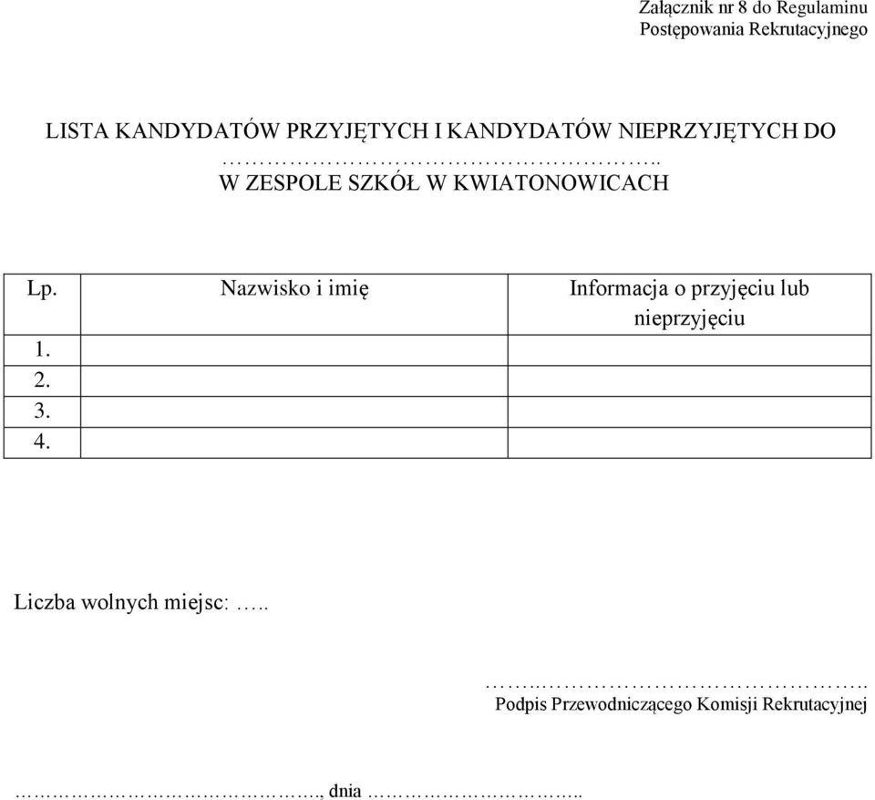 Nazwisko i imię Informacja o przyjęciu lub nieprzyjęciu 1. 2. 3. 4.