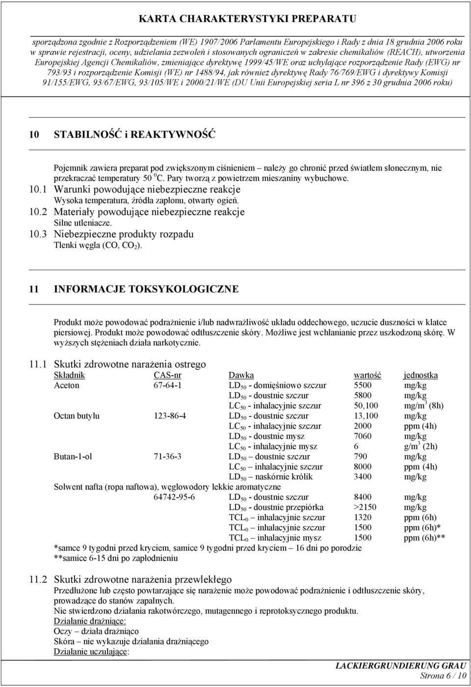 10.3 Niebezpieczne produkty rozpadu Tlenki węgla (CO, CO 2 ).