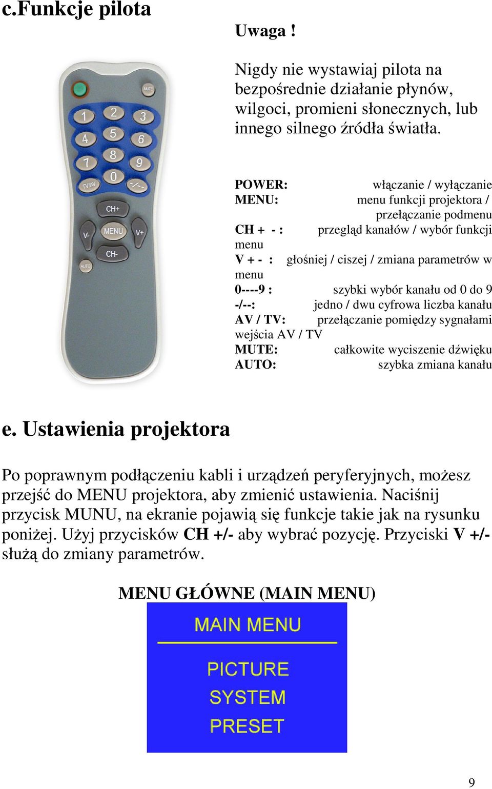 wybór kanału od 0 do 9 -/--: jedno / dwu cyfrowa liczba kanału AV / TV: przełączanie pomiędzy sygnałami wejścia AV / TV MUTE: całkowite wyciszenie dźwięku AUTO: szybka zmiana kanału e.