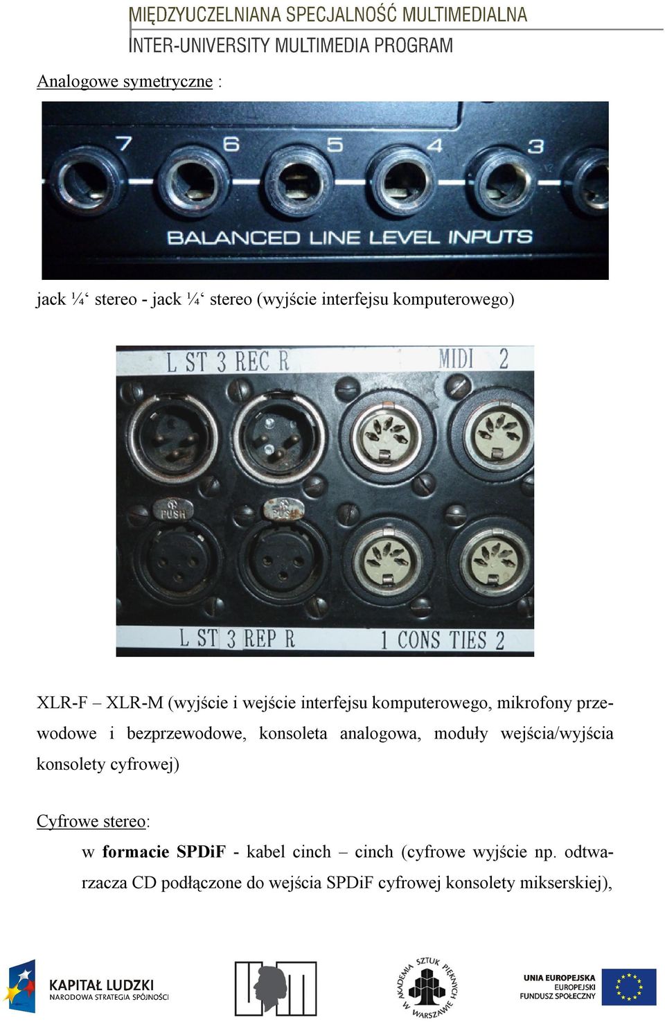 analogowa, moduły wejścia/wyjścia konsolety cyfrowej) Cyfrowe stereo: w formacie SPDiF - kabel