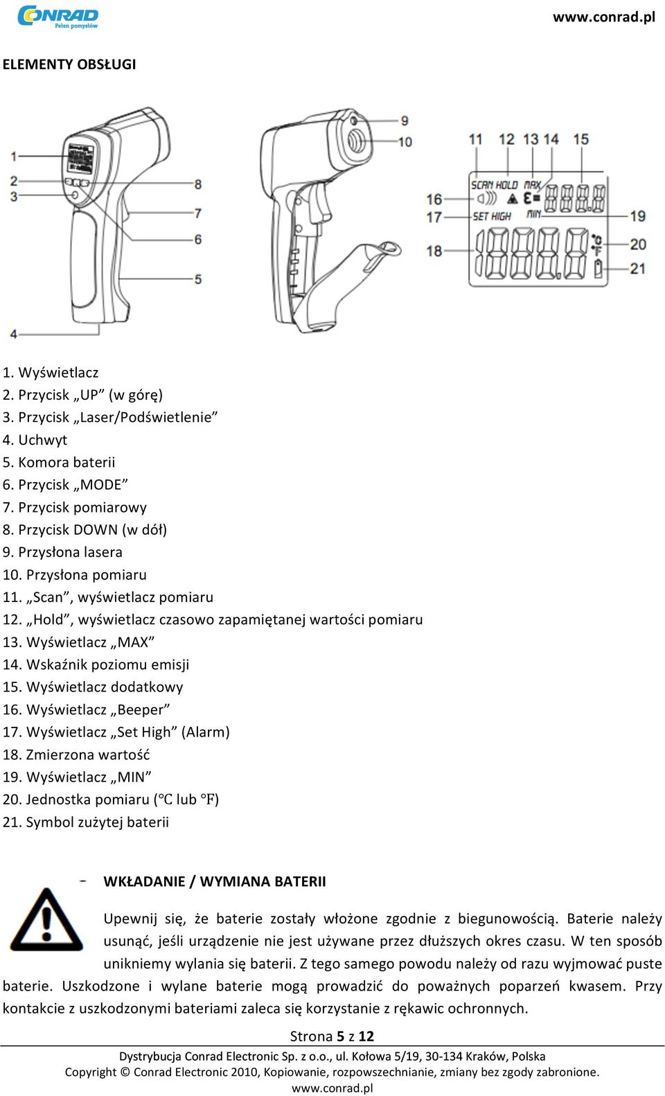 Wyświetlacz dodatkowy 16. Wyświetlacz Beeper 17. Wyświetlacz Set High (Alarm) 18. Zmierzona wartość 19. Wyświetlacz MIN 20. Jednostka pomiaru ( lub ) 21.