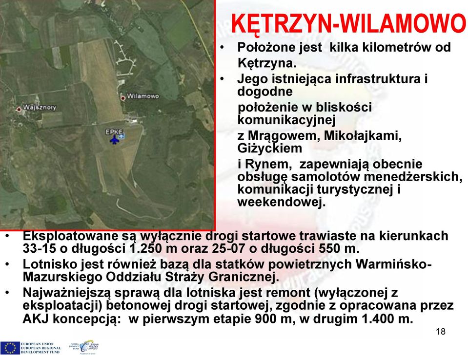 menedżerskich, komunikacji turystycznej i weekendowej. Eksploatowane są wyłącznie drogi startowe trawiaste na kierunkach 33-15 o długości 1.