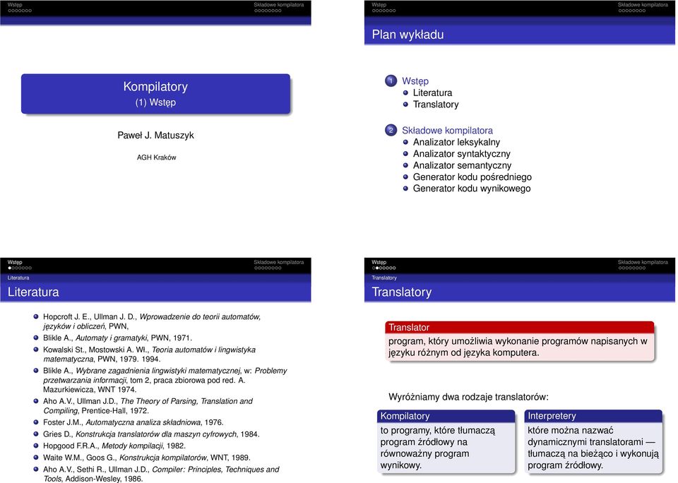 Blikle A., Wybrane zagadnienia lingwistyki matematycznej, w: Problemy przetwarzania informacji, tom 2, praca zbiorowa pod red. A. Mazurkiewicza, WNT 1974. Aho A.V., Ullman J.D.