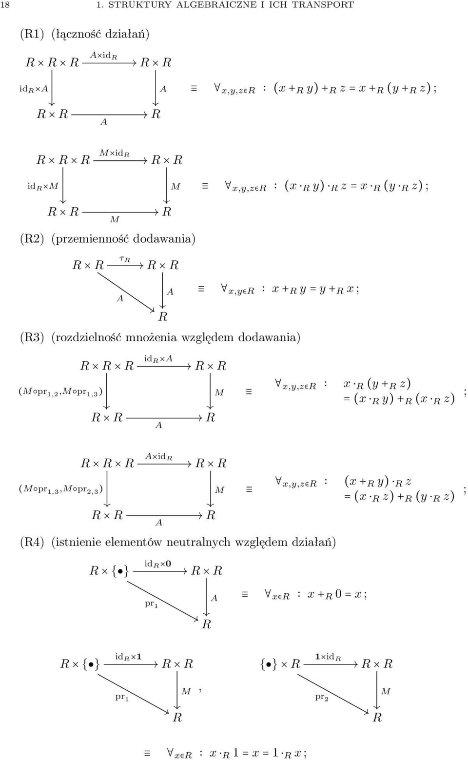 pr 1,3 ) R R R R R id R A A R R R M x,y,z R x R (y + R z) = (x R y) + R (x R z) ; (M pr 1,3,M pr 2,3 ) R R R A id R R R R R A (R4) (istnienie elementów neutralnych względem