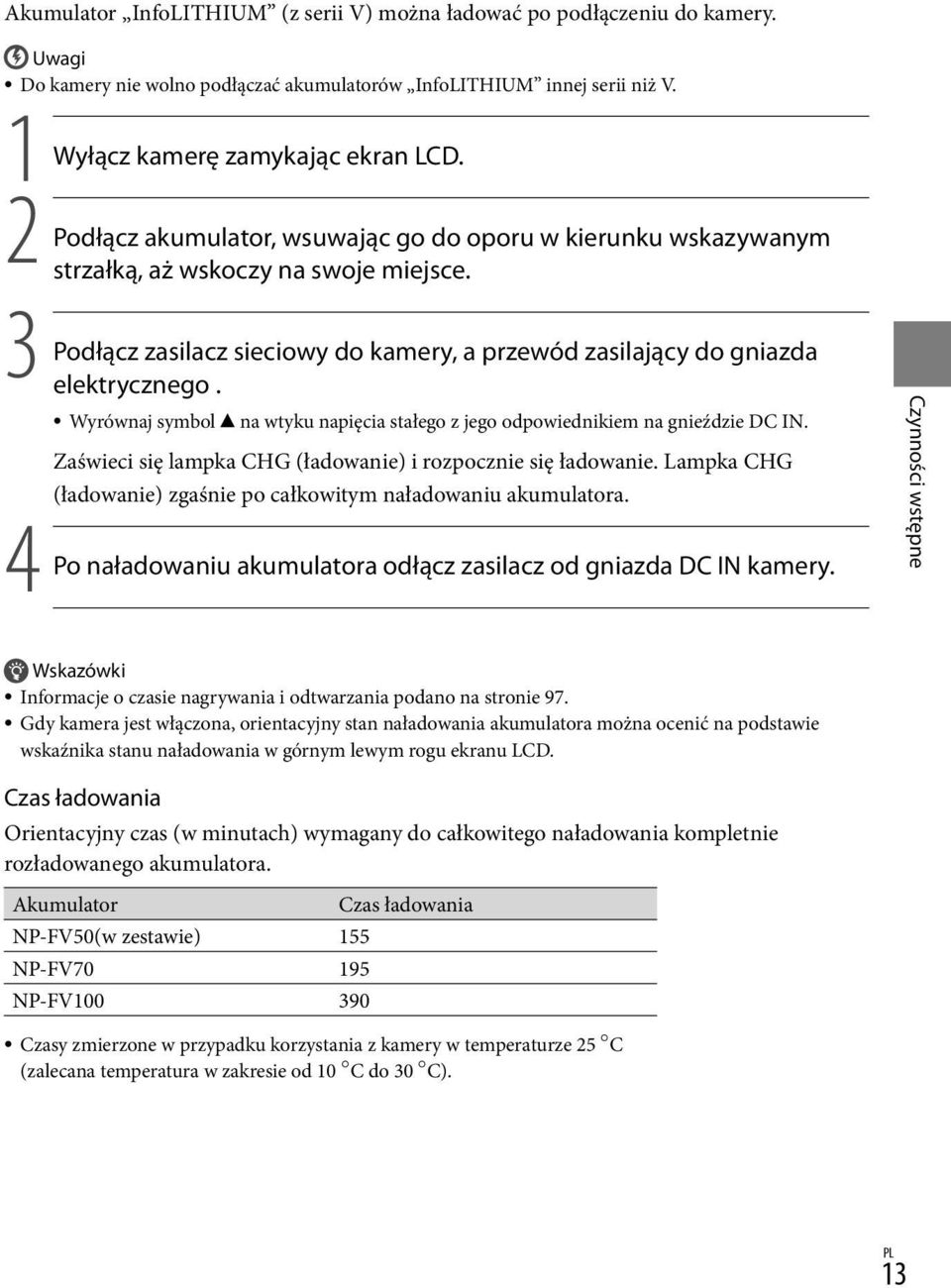 Wyrównaj symbol na wtyku napięcia stałego z jego odpowiednikiem na gnieździe DC IN. Zaświeci się lampka CHG (ładowanie) i rozpocznie się ładowanie.