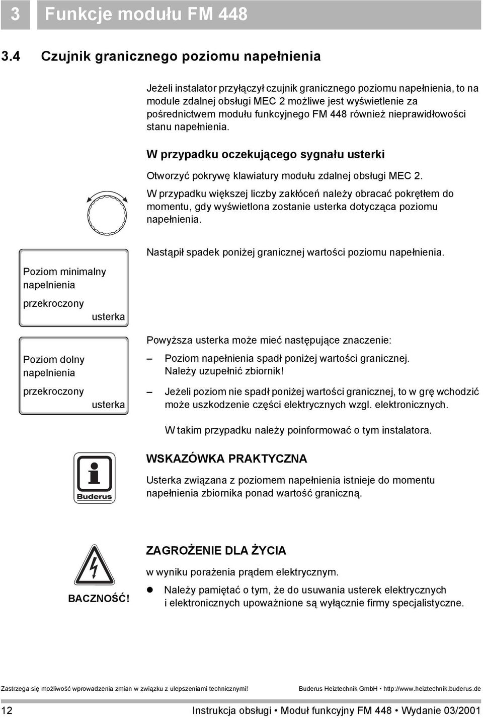 funkcyjnego FM 448 również nieprawidłowości stanu napełnienia. W przypadku oczekującego sygnału usterki Otworzyć pokrywę klawiatury modułu zdalnej obsługi MEC 2.