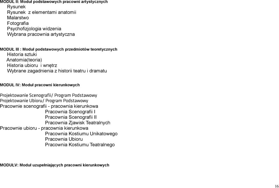 MODUŁ IV: Moduł pracowni kierunkowych Pracownie scenografii - pracownia kierunkowa Pracownia Scenografii I Pracownia Scenografii II Pracownia Zjawisk Teatralnych