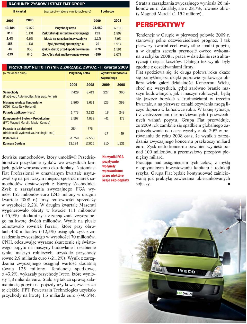 24.452 262 1,1% 29-376 -590 PRZYCHODY NETTO I WYNIK Z ZARZĄDZ. ZWYCZ. - II kwartał 2009 (w milionach euro) Przychody netto Wynik z zarządzania zwyczajnego 2009 2008 2009 2008 Samochody 7.429 8.