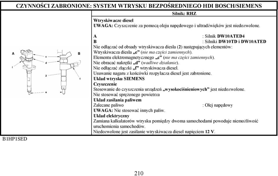 Elementu elektromagnetycznego c (nie ma części zamiennych). Nie obracać nakrętki d (wadliwe działanie). Nie odłączać złączki f wtryskiwacza diesel.