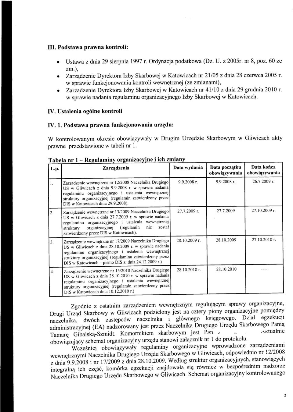 w sprawie nadania regulaminu organizacyjnego zby Skarbowej w Kaowicach. V. Usalenia og6lne konroli W. 1.