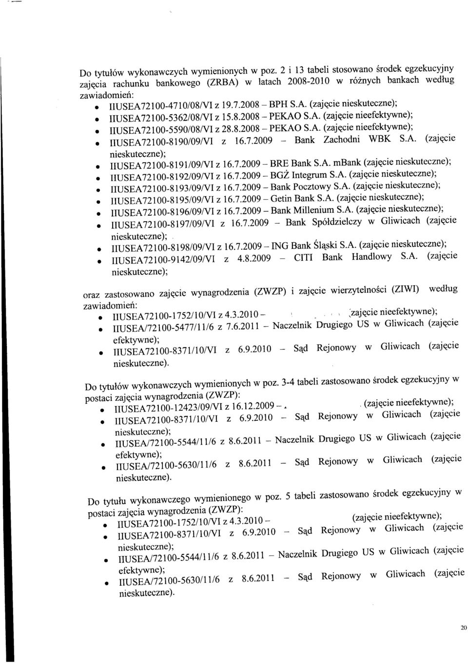 7.2009 - BRE Bank S.A. mbank (zajqcie nieskueczne); o USEA72l00-g1gzl}gN z 16.7.2009-Bczlnegrum S.A. (zajqcie nieskueczne); o USEA7200-glg3l}glvlz 6.7.2009 - Bank Poczowy S.A. (zajecie nieskueczne); o USEA 7200-glg5l0glvl z 16.