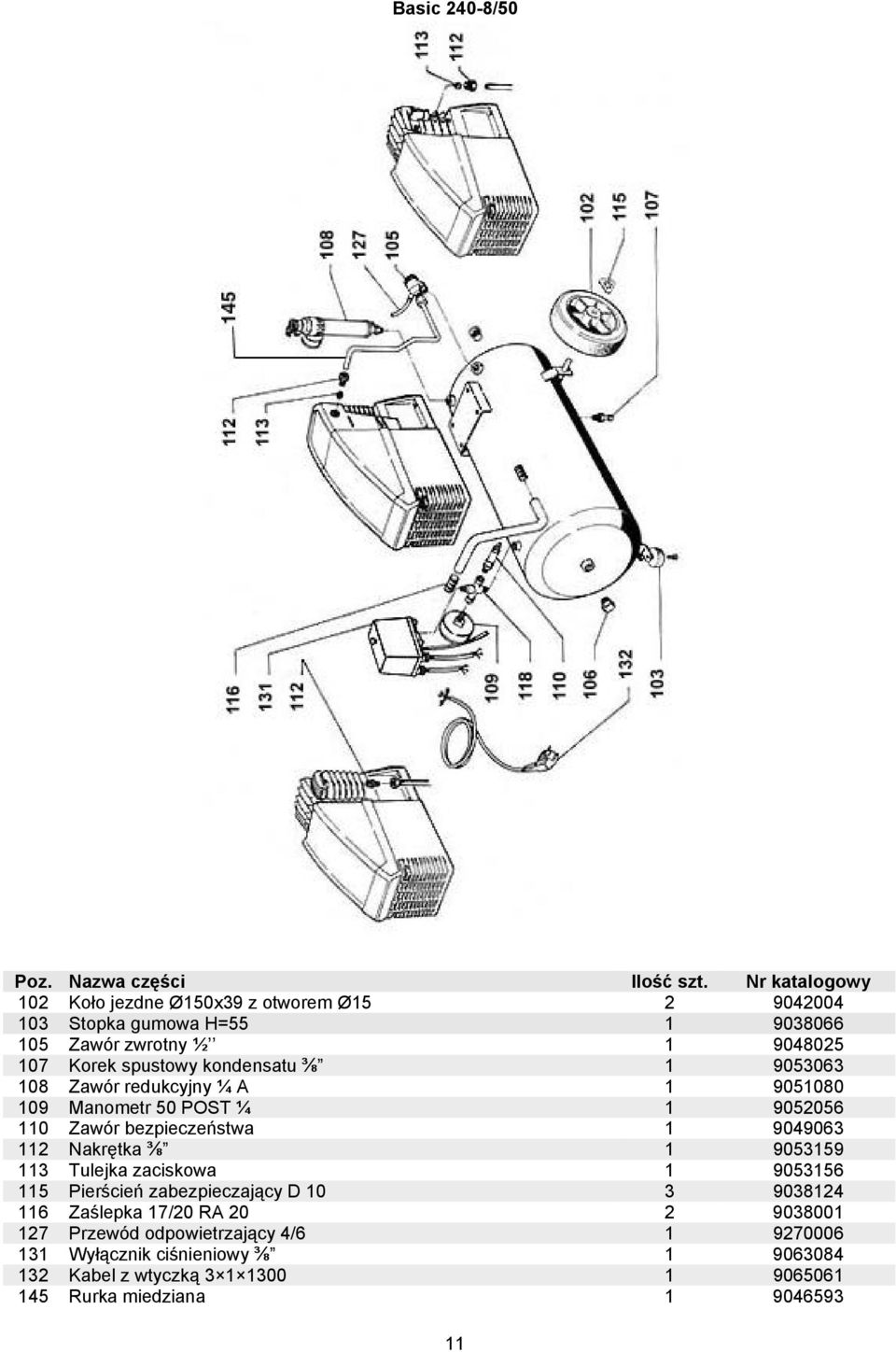 kondensatu ⅜ 1 9053063 108 Zawór redukcyjny ¼ A 1 9051080 109 Manometr 50 POST ¼ 1 9052056 110 Zawór bezpieczeństwa 1 9049063 112 Nakrętka ⅜ 1 9053159