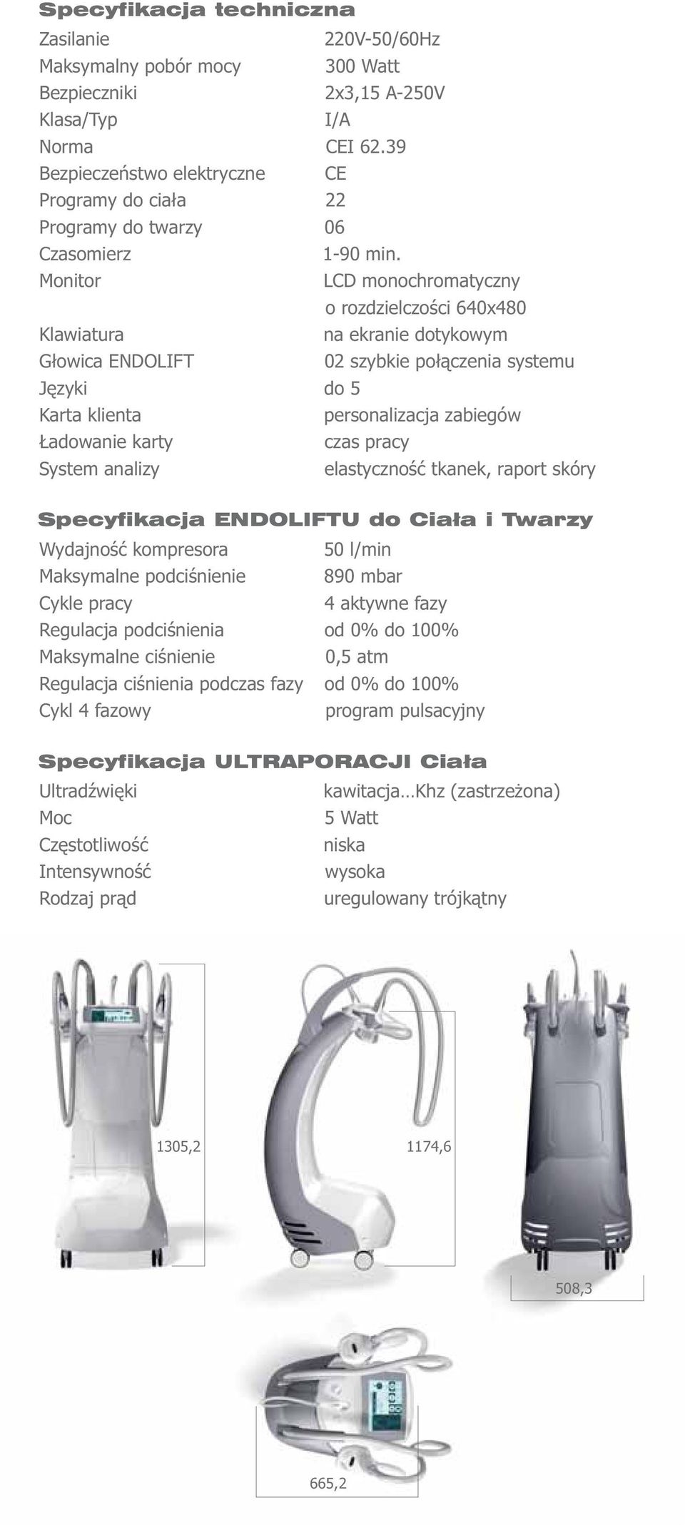 Monitor LCD monochromatyczny o rozdzielczości 640x480 Klawiatura na ekranie dotykowym Głowica ENDOLIFT 02 szybkie połączenia systemu Języki do 5 Karta klienta personalizacja zabiegów Ładowanie karty