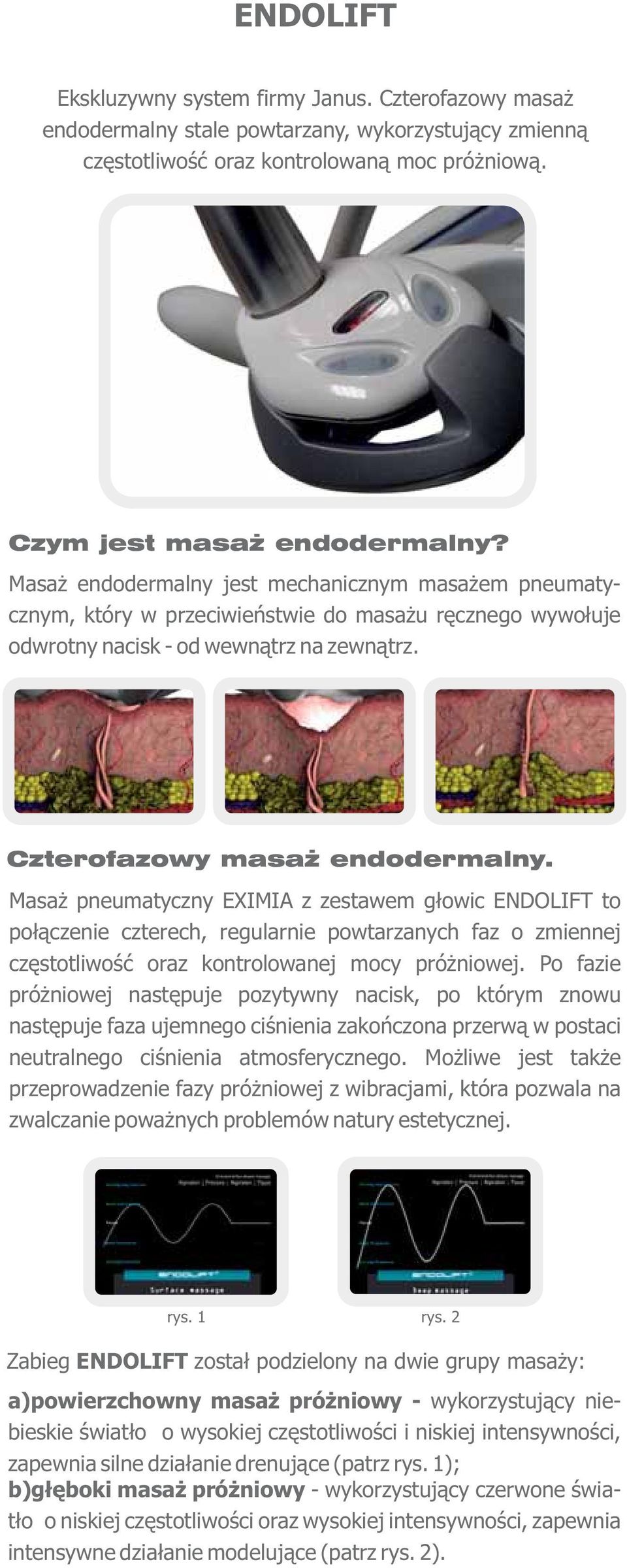 Masaż pneumatyczny EXIMIA z zestawem głowic ENDOLIFT to połączenie czterech, regularnie powtarzanych faz o zmiennej częstotliwość oraz kontrolowanej mocy próżniowej.