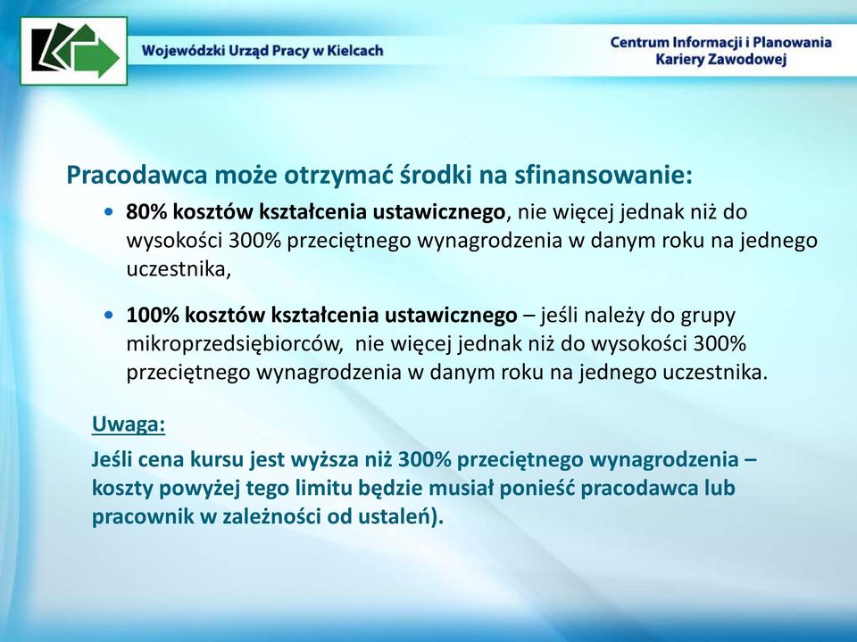 mikroprzedsiębiorców, nie więcej jednak niż do wysokości 300% przeciętnego wynagrodzenia w danym roku na jednego uczestnika.