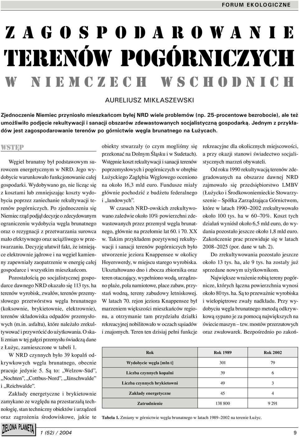 Jednym z przykładów jest zagospodarowanie terenów po górnictwie węgla brunatnego na Łużycach. Wstęp Węgiel brunatny był podstawowym surowcem energetycznym w NRD.