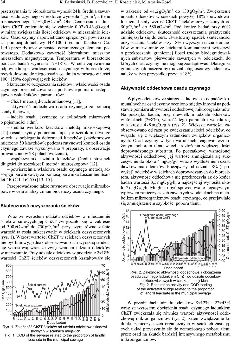 Obciążenie osadu ładunkiem ChZT zmieniało się w zakresie 0,07 0,43 go 2 /g d, w miarę zwiększania ilości odcieków w mieszaninie ścieków.