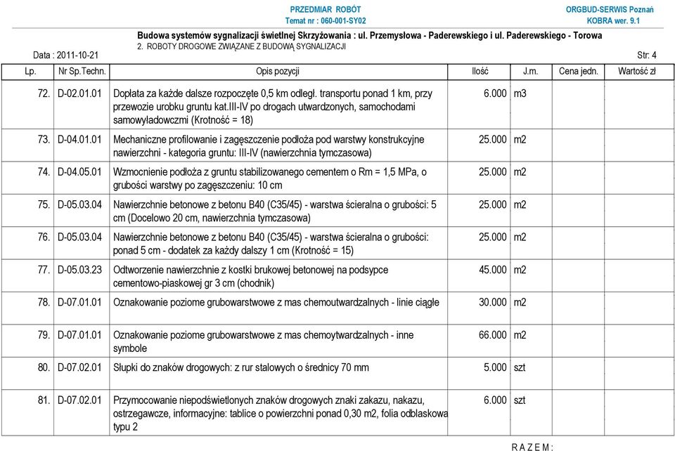 01 Mechaniczne profilowanie i zagęszczenie podłoŝa pod warstwy konstrukcyjne nawierzchni - kategoria gruntu: III-IV (nawierzchnia tymczasowa) 74. D-04.05.