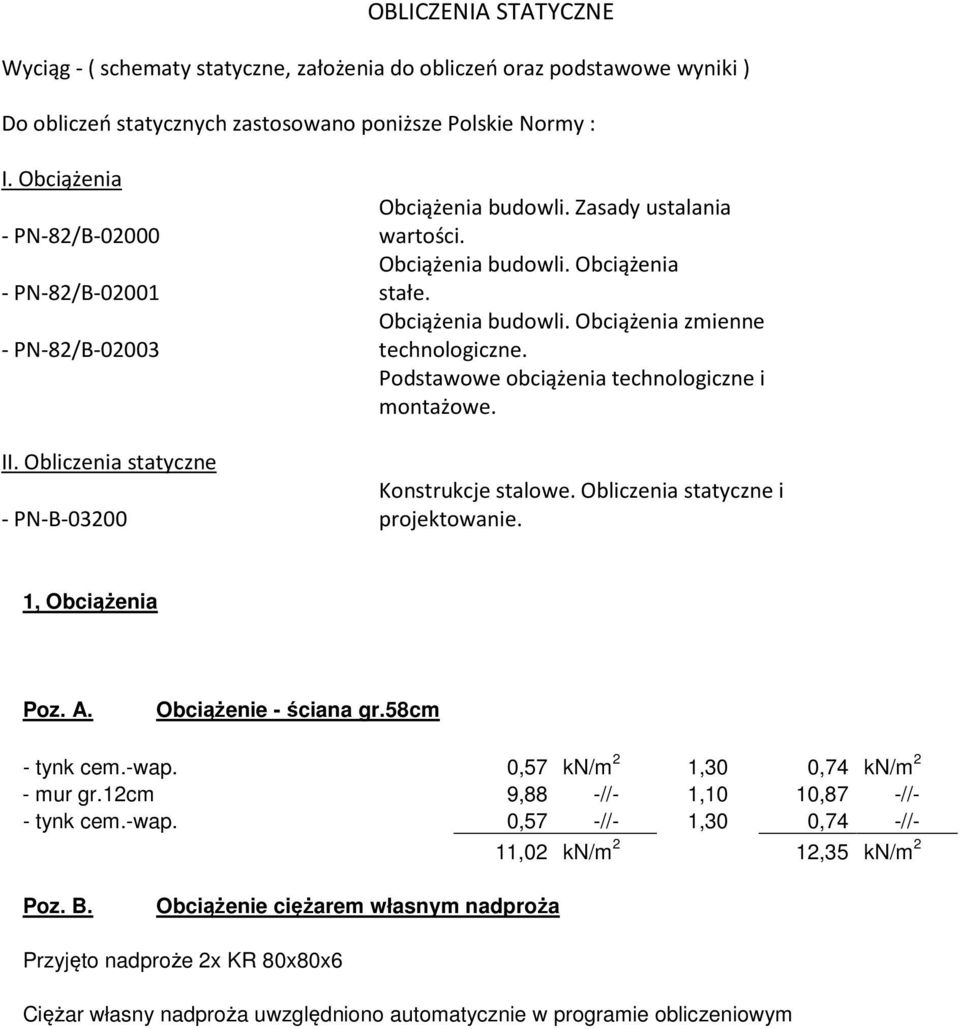 Podstawowe obciążenia technologiczne i montażowe. Konstrukcje stalowe. Obliczenia statyczne i projektowanie., Obciążenia Poz. A. Obciążenie - ściana gr.58cm - tynk cem.-wap.