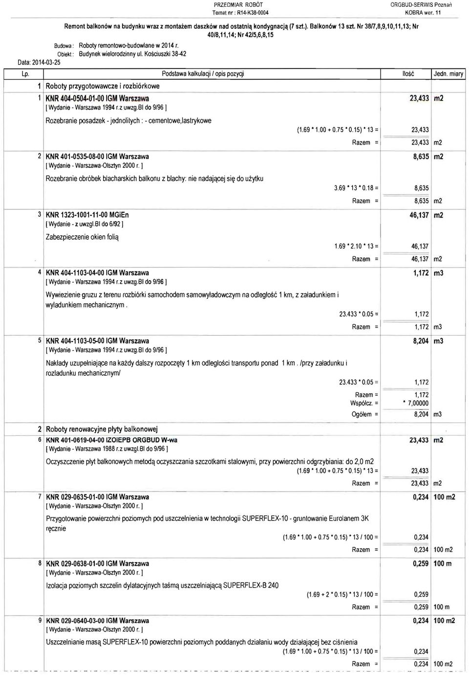 Podstawa kalkulacji / opis pozycji lose Jedn. miary 1 Roboty przygotowawcze i rozbi6rkowe 1 KNR 404 050401 00 GM Warszawa 23,433 [Wydanie Warszawa 1994 r.z uwzg.