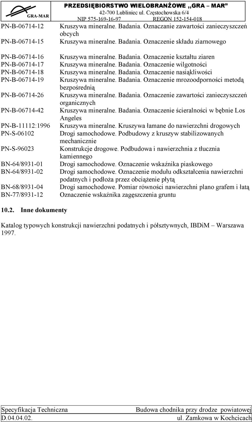 Badania. Oznaczenie wilgotności Kruszywa mineralne. Badania. Oznaczenie nasiąkliwości Kruszywa mineralne. Badania. Oznaczenie mrozoodporności metodą bezpośrednią Kruszywa mineralne. Badania. Oznaczenie zawartości zanieczyszczeń organicznych Kruszywa mineralne.