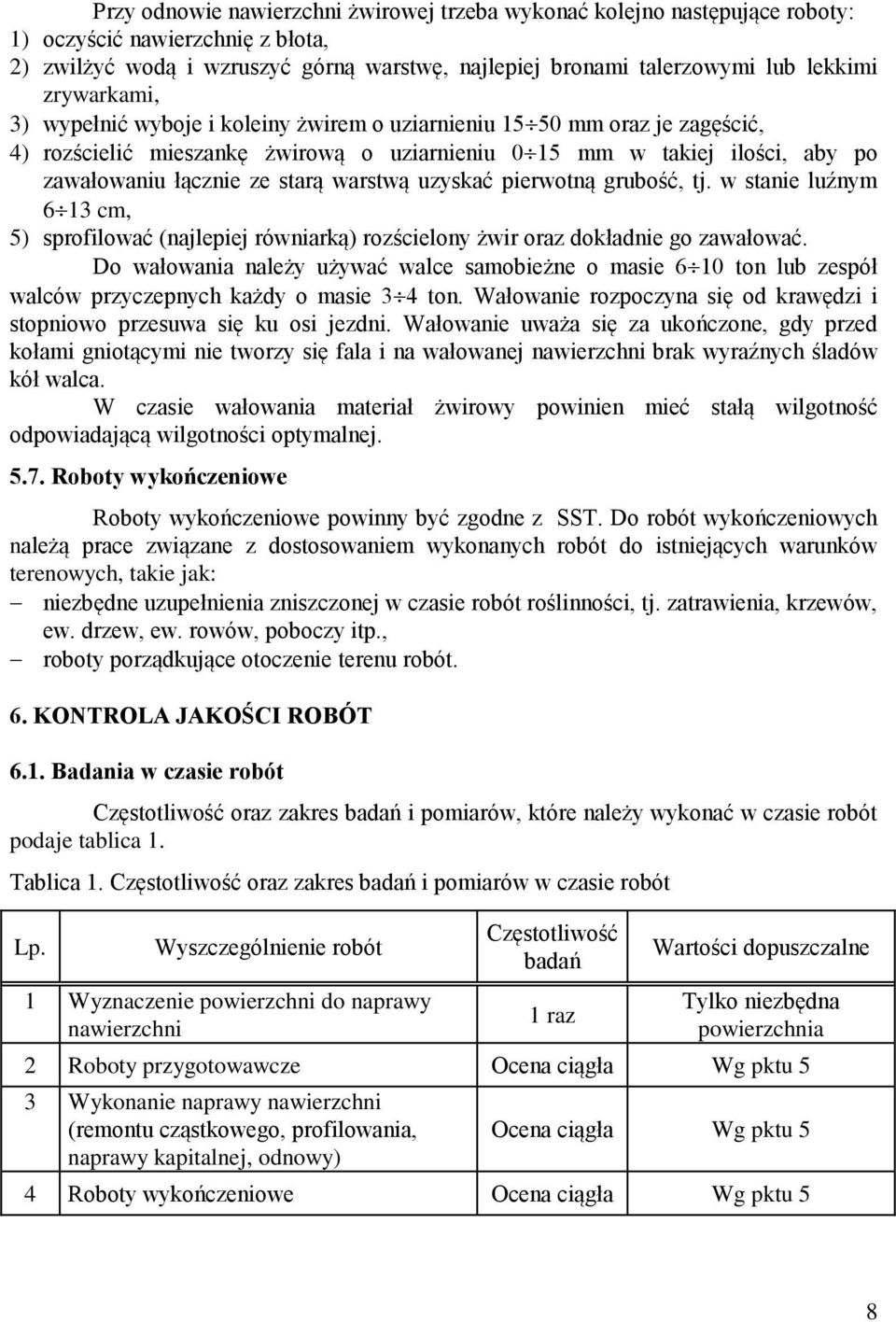 warstwą uzyskać pierwotną grubość, tj. w stanie luźnym 6 13 cm, 5) sprofilować (najlepiej równiarką) rozścielony żwir oraz dokładnie go zawałować.