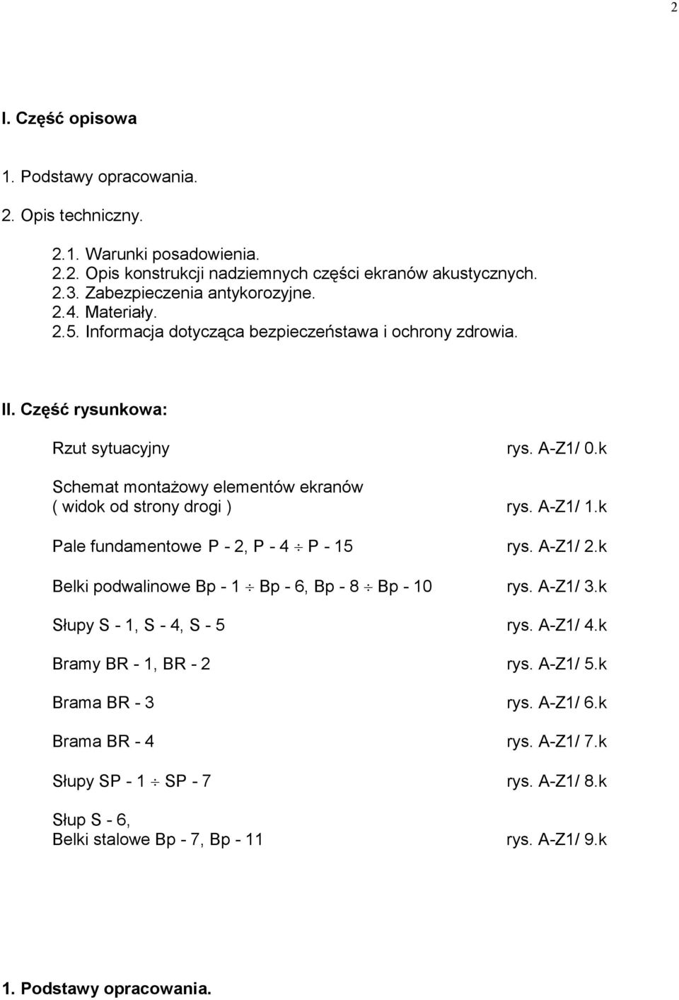 k Schemat montażowy elementów ekranów ( widok od strony drogi ) rys. A-Z1/ 1.k Pale fundamentowe P - 2, P - 4 P - 15 rys. A-Z1/ 2.k Belki podwalinowe Bp - 1 Bp - 6, Bp - 8 Bp - 10 rys.