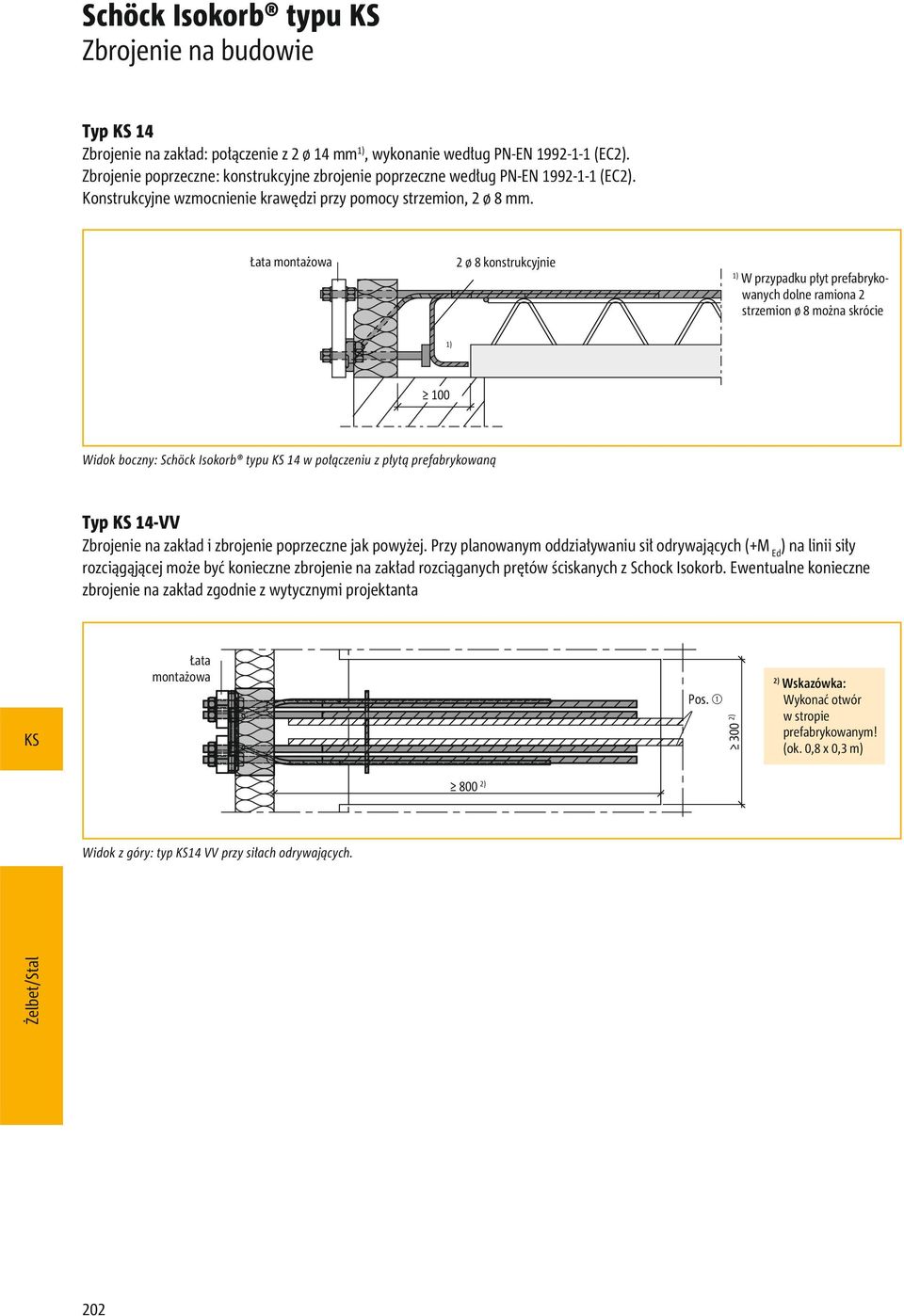 Łata montażowa 2 ø 8 konstrukcyjnie W przypadku płyt prefabrykowanych dolne ramiona 2 strzemion ø 8 można skrócie 100 Widok boczny: Schöck Isokorb typu 1 w połączeniu z płytą prefabrykowaną Typ 1-VV
