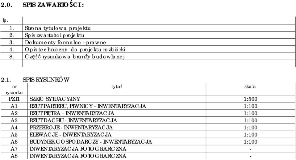 SPIS RYSUNKÓW nr tytuł skala rysunku PZT1 SZKIC SYTUACYJNY 1:500 A1 RZUT PARTERU, PIWNICY - INWENTARYZACJA 1:100 A2 RZUT PIĘTRA -