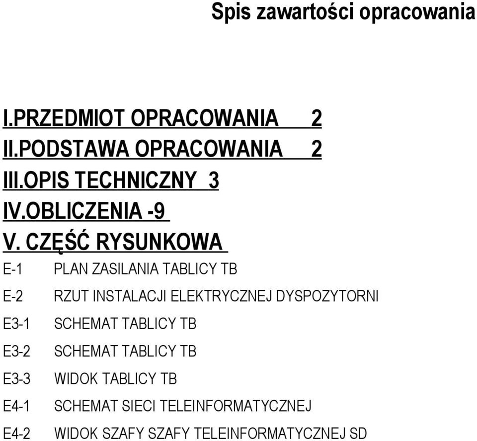 CZĘŚĆ RYSUNKOWA E-1 PLAN ZASILANIA TABLICY TB E-2 RZUT INSTALACJI ELEKTRYCZNEJ DYSPOZYTORNI