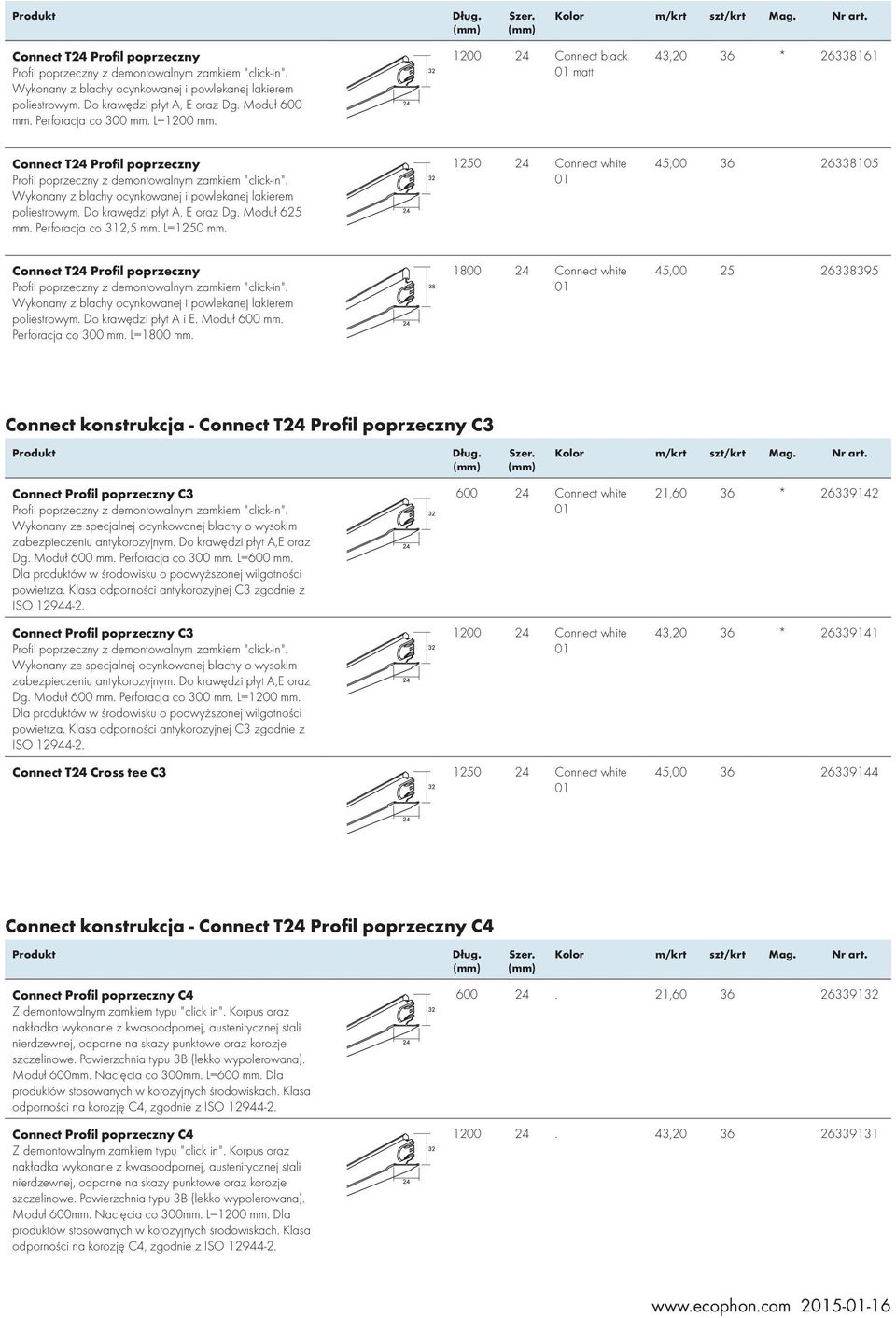 1800 45,00 25 263395 Connect konstrukcja - C3 Connect Profil poprzeczny C3 Wykonany ze specjalnej ocynkowanej blachy o wysokim zabezpieczeniu antykorozyjnym. Do krawędzi płyt A,E oraz Dg.