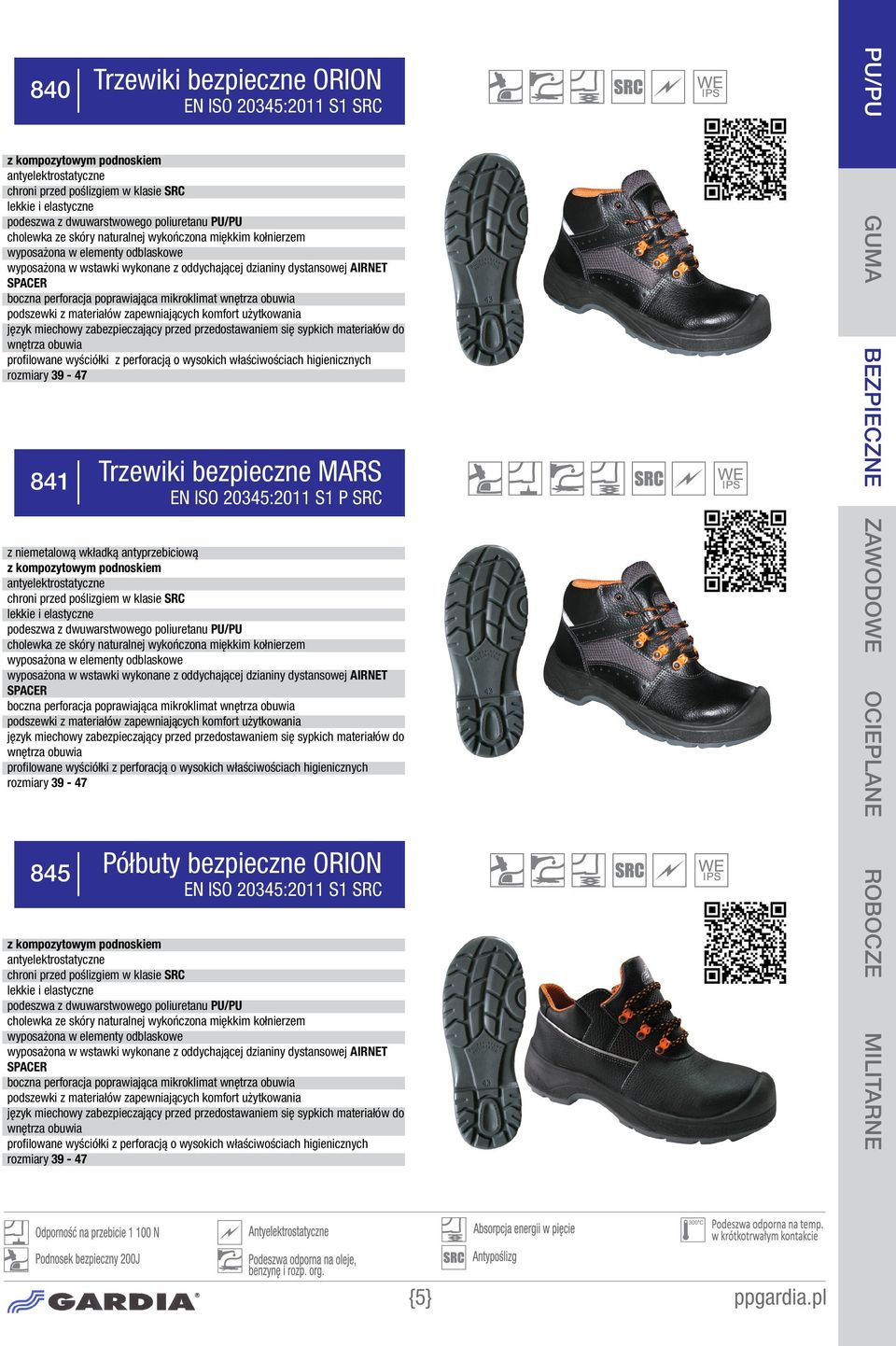 dystansowej AIRNET SPACER boczna perforacja poprawiająca mikroklimat 845 Trzewiki bezpieczne MARS EN ISO 20345:2011 S1 P SRC Półbuty bezpieczne ORION EN ISO 20345:2011 S1 SRC z kompozytowym