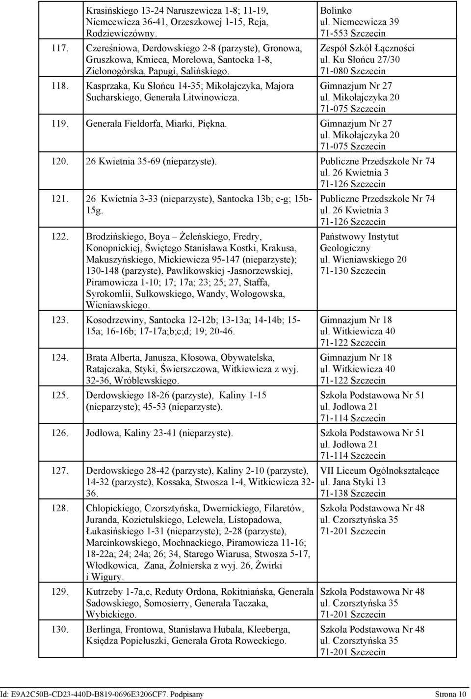 Kasprzaka, Ku Słońcu 14-35; Mikołajczyka, Majora Sucharskiego, Generała Litwinowicza. Bolinko ul. Niemcewicza 39 71-553 Szczecin Zespół Szkół Łączności ul.