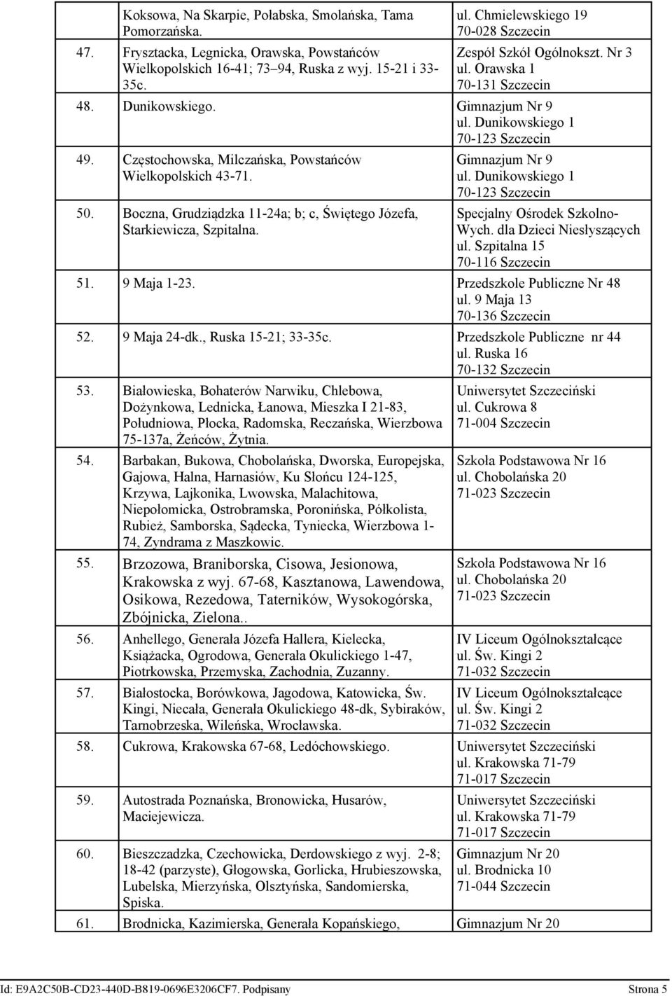 Częstochowska, Milczańska, Powstańców Wielkopolskich 43-71. 50. Boczna, Grudziądzka 11-24a; b; c, Świętego Józefa, Starkiewicza, Szpitalna. Gimnazjum Nr 9 ul.