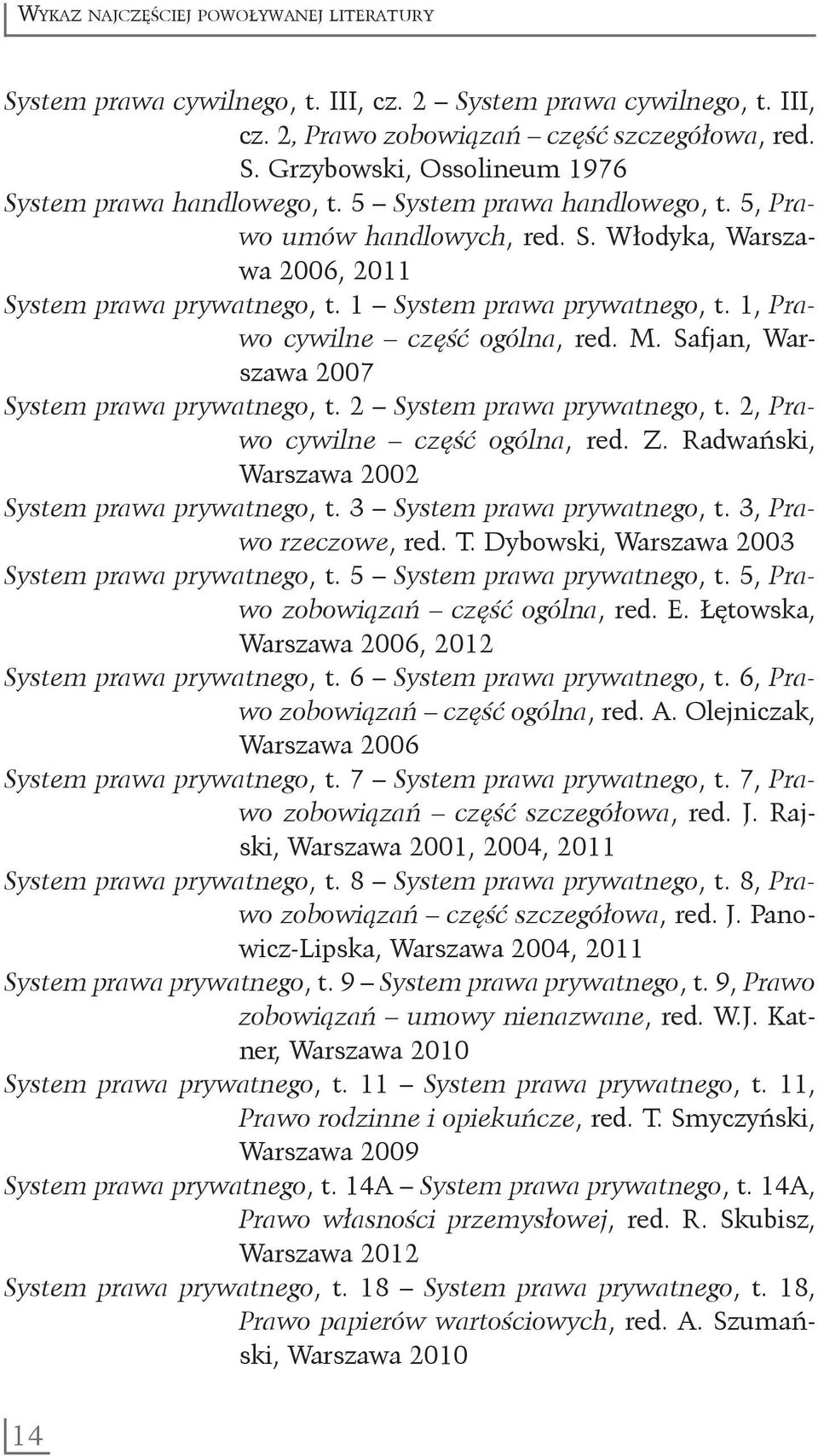 Safjan, Warszawa 2007 System prawa prywatnego, t. 2 System prawa prywatnego, t. 2, Prawo cywilne część ogólna, red. Z. Radwański, Warszawa 2002 System prawa prywatnego, t.