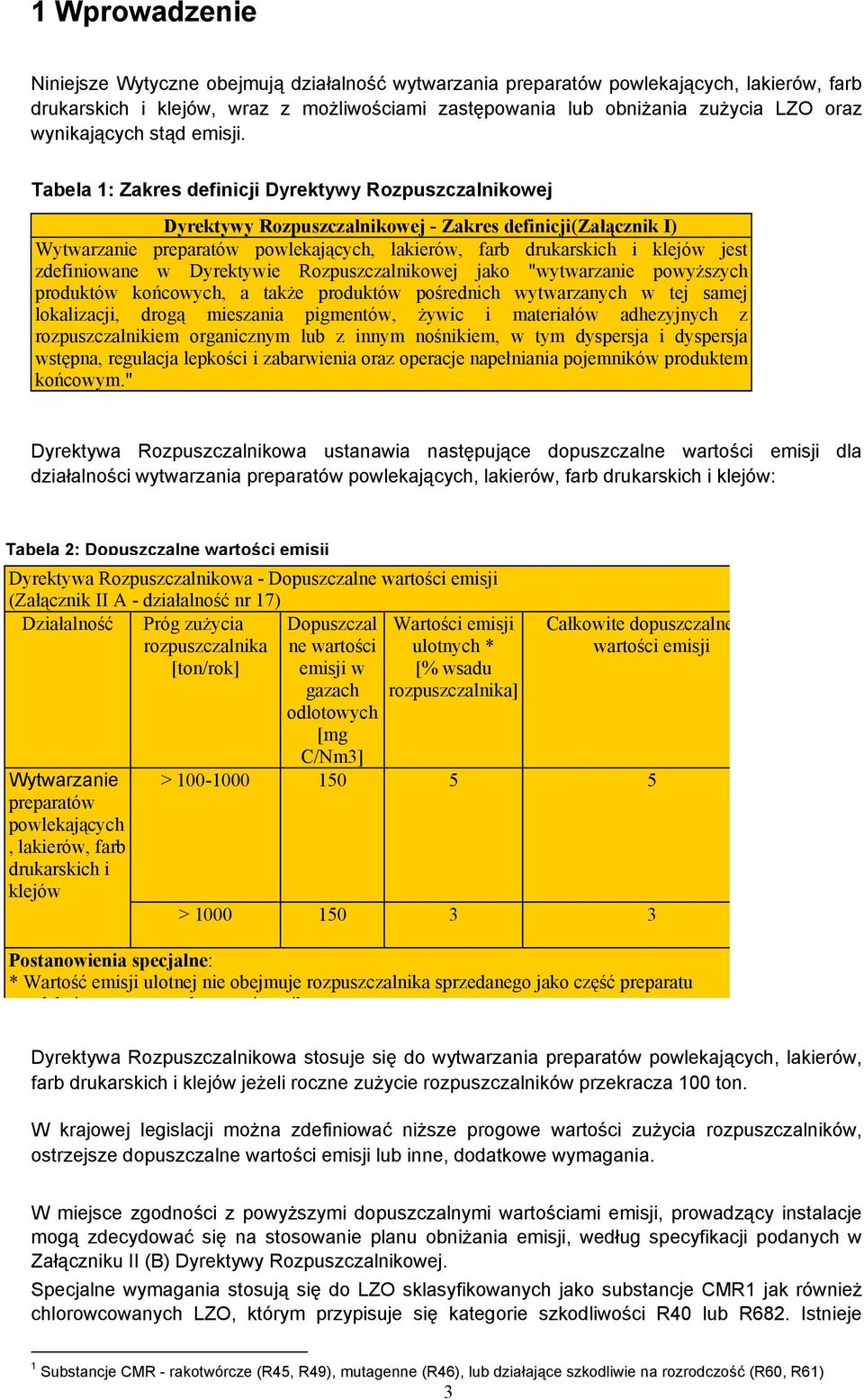 Tabela 1: Zakres definicji Dyrektywy Rozpuszczalnikowej Dyrektywy Rozpuszczalnikowej - Zakres definicji(załącznik I) Wytwarzanie preparatów powlekających, lakierów, farb drukarskich i klejów jest