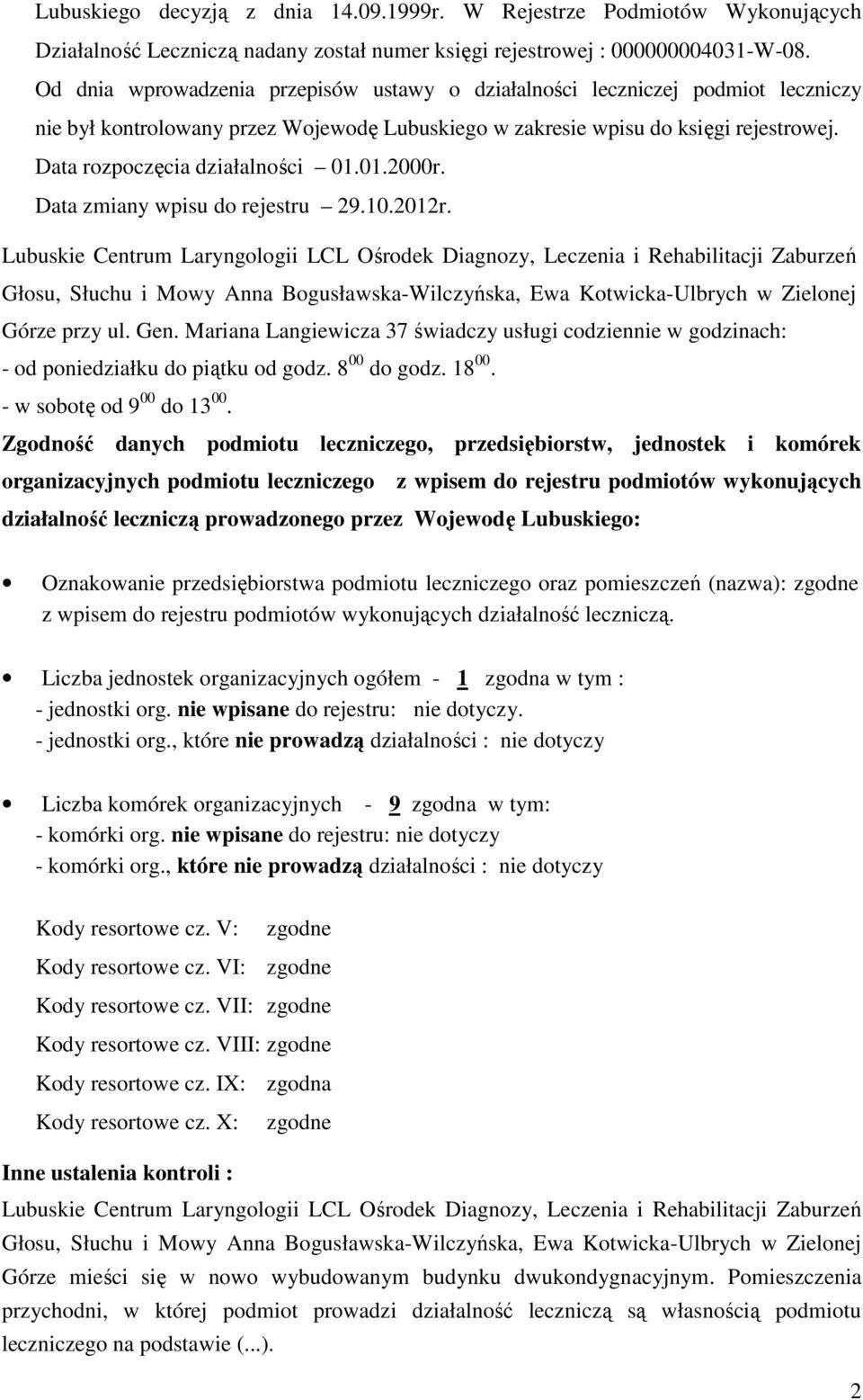 Data rozpoczęcia działalności 01.01.2000r. Data zmiany wpisu do rejestru 29.10.2012r.