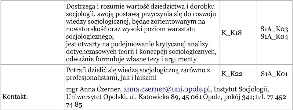 koncepcji socjologicznych, odważnie formułuje własne tezy i argumenty Potrafi dzielić się wiedzą socjologiczną zarówno z profesjonalistami, jak i