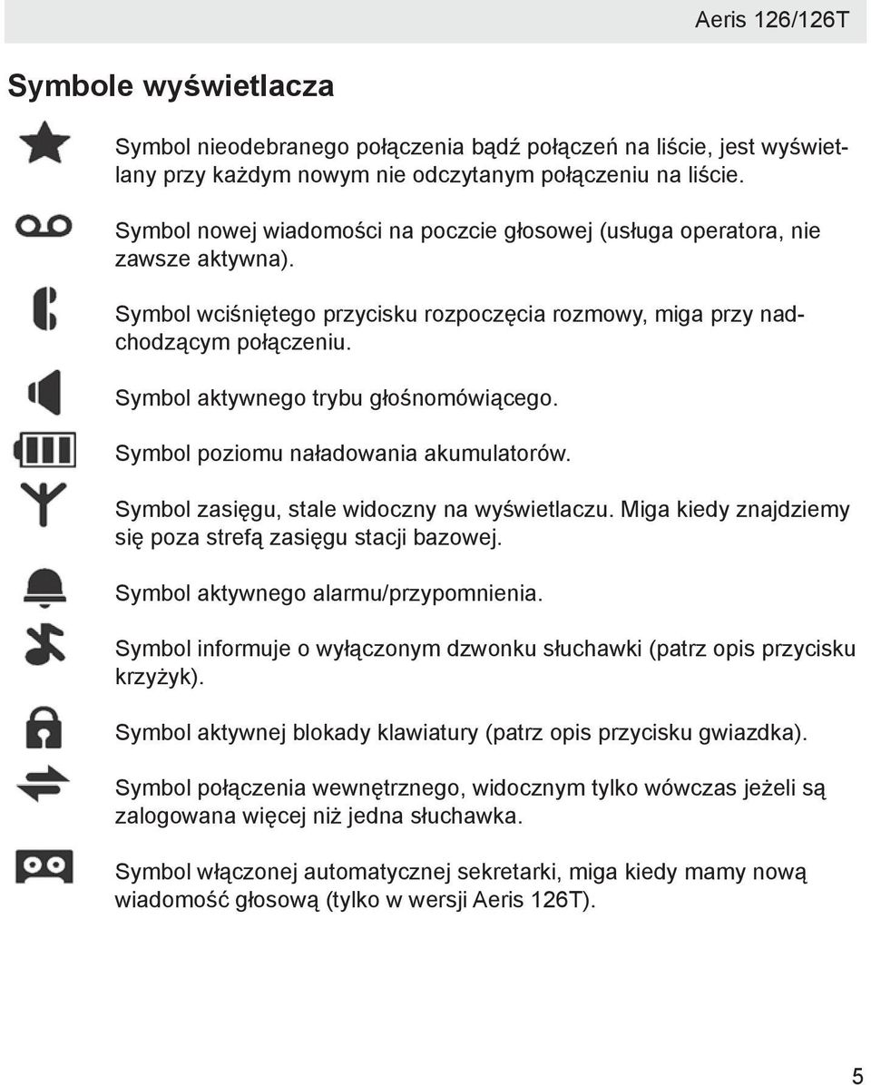 Symbol aktywnego trybu głośnomówiącego. Symbol poziomu naładowania akumulatorów. Symbol zasięgu, stale widoczny na wyświetlaczu. Miga kiedy znajdziemy się poza strefą zasięgu stacji bazowej.