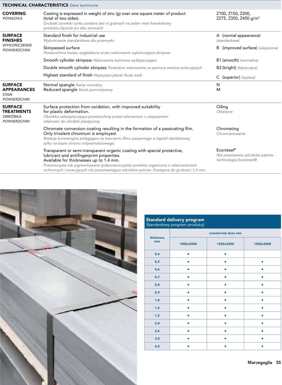 Grubość powłoki cynku podana jest w gramach na jeden metr kwadratowy produktu (łącznie po obu stronach) Standard finish for industrial use Wykończenie standardowe dla przemysłu Skinpassed surface