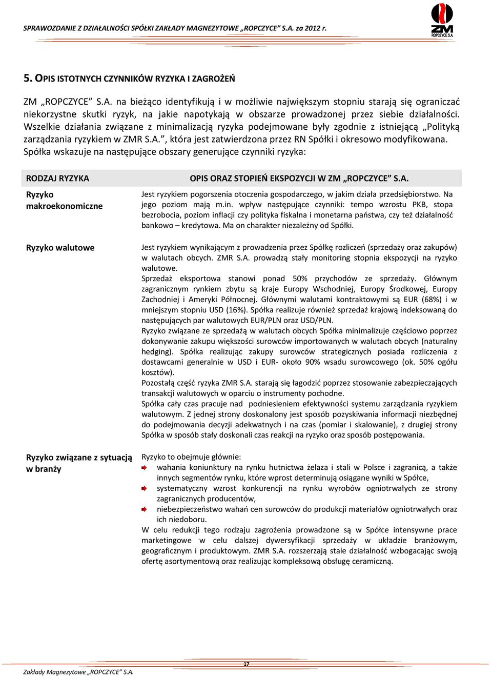 Wszelkie działania związane z minimalizacją ryzyka podejmowane były zgodnie z istniejącą Polityką zarządzania ryzykiem w ZMR S.A., która jest zatwierdzona przez RN Spółki i okresowo modyfikowana.