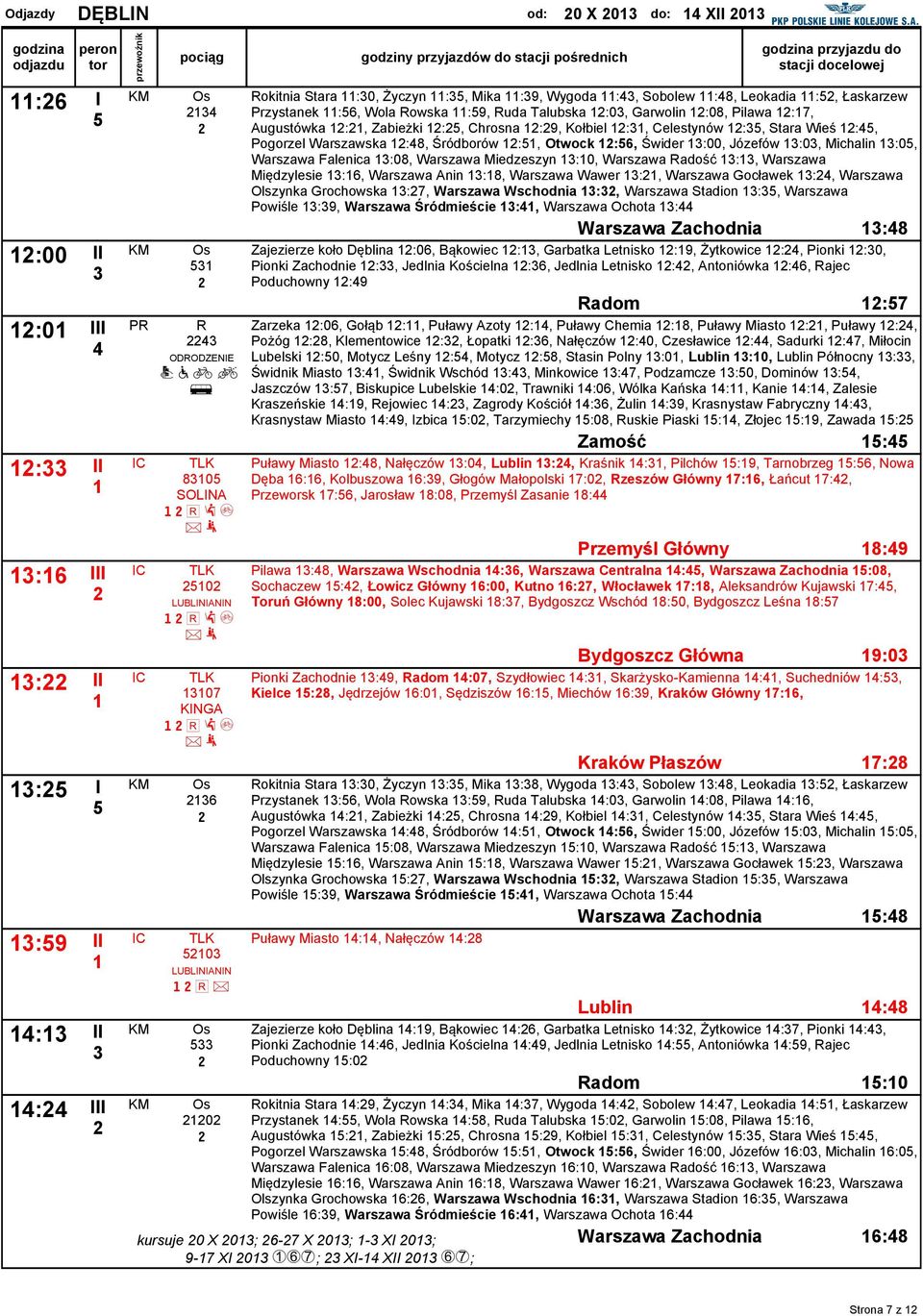 Garwolin :08, Pilawa :7, Augustówka :, Zabieżki :, Chrosna :9, Kołbiel :, Celestynów :, Stara Wieś :, Pogorzel Warszawska :8, Śródborów :, Otwock :6, Świder :00, Józefów :0, Michalin :0, Warszawa